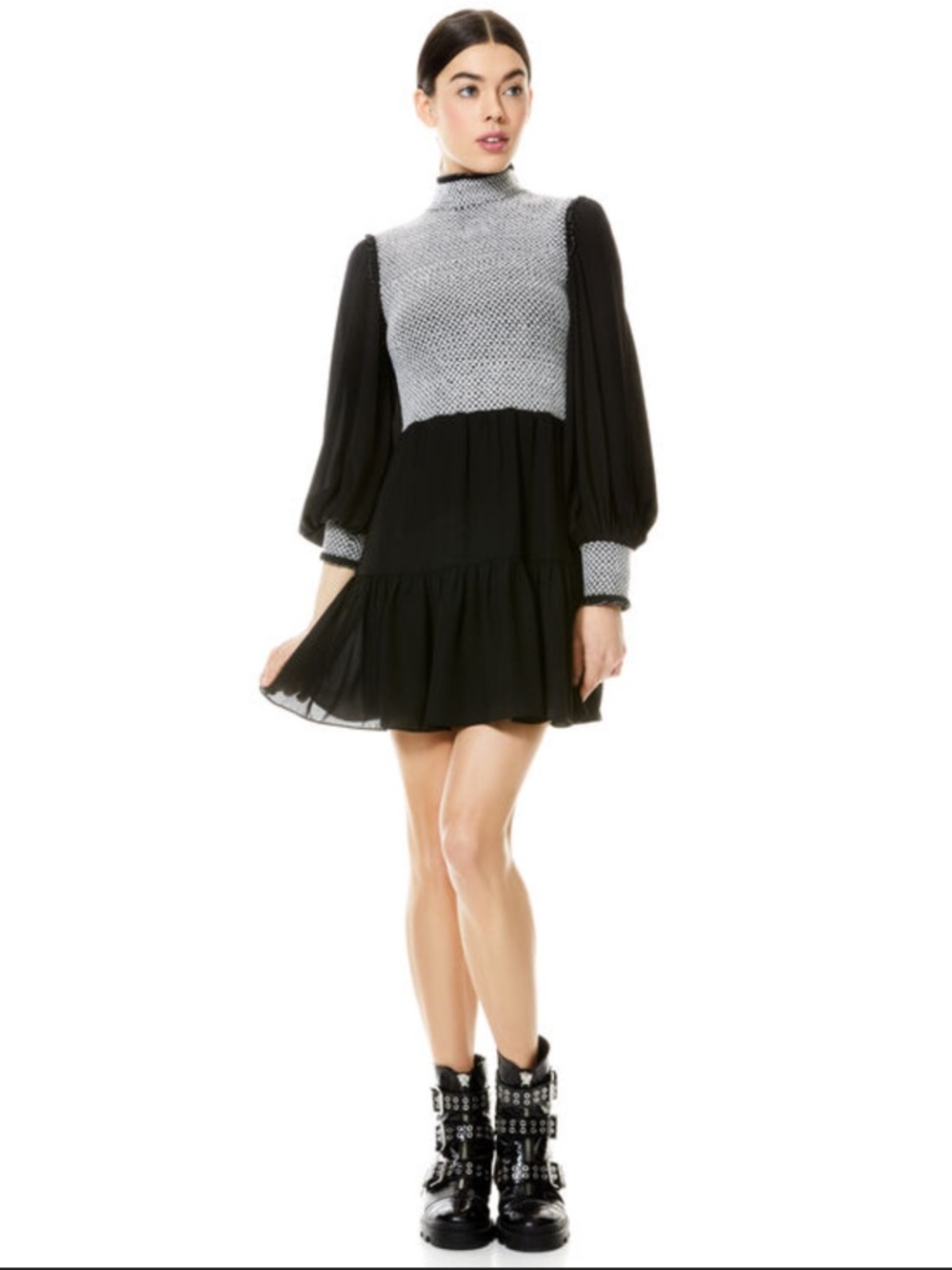 Alice + Olivia Black and Gray Smocked Yoke Mini Dress